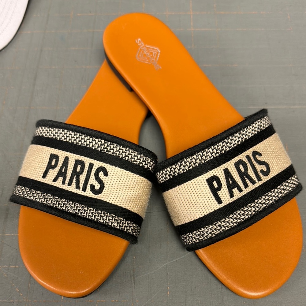 Paris Slide Sandals with Black and Cream Accents